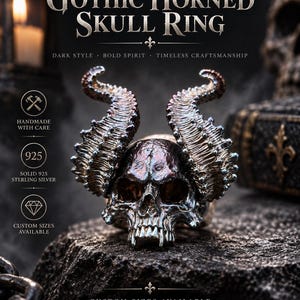 Handmade Horned Skull Ring, 925 Sterling Silver, Iridescent Finish, Gothic Statement Jewelry