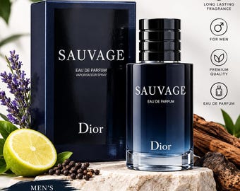 May include: A Dior Sauvage Eau de Parfum bottle and its dark blue rectangular box. The bottle features a gradient blue glass finish with a black cap. Text on the packaging includes Sauvage, Eau de Parfum, Vaporisateur Spray, and Dior.
