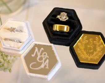 Engraved Acrylic Velvet Ring Box: Hexagon Double Slot, Personalized Wedding Proposal