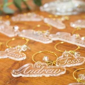 Custom Name Wine Stem Charms Acrylic Printed, Wedding, Birthday, Bridal Party, Bachelorette, Gift Holiday Glass Decor