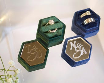 Engraved Acrylic Velvet Ring Box: Hexagon Double Slot, Personalized Wedding Proposal
