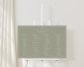 May include: A green wedding seating chart with a white border and white text. The chart is titled "A&N Alexa & Nicholas please find your seat" and lists guest names and table numbers.