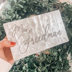 Personalized Engraved Acrylic Clutch, Box Clutch, Custom Mrs. Clutch, Bridal Clutch, Custom Bride Clutch, Acrylic Purse, Engraved Purse