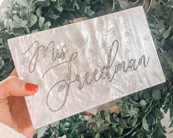 Personalized Engraved Acrylic Clutch, Box Clutch, Custom Mrs. Clutch, Bridal Clutch, Custom Bride Clutch, Acrylic Purse, Engraved Purse