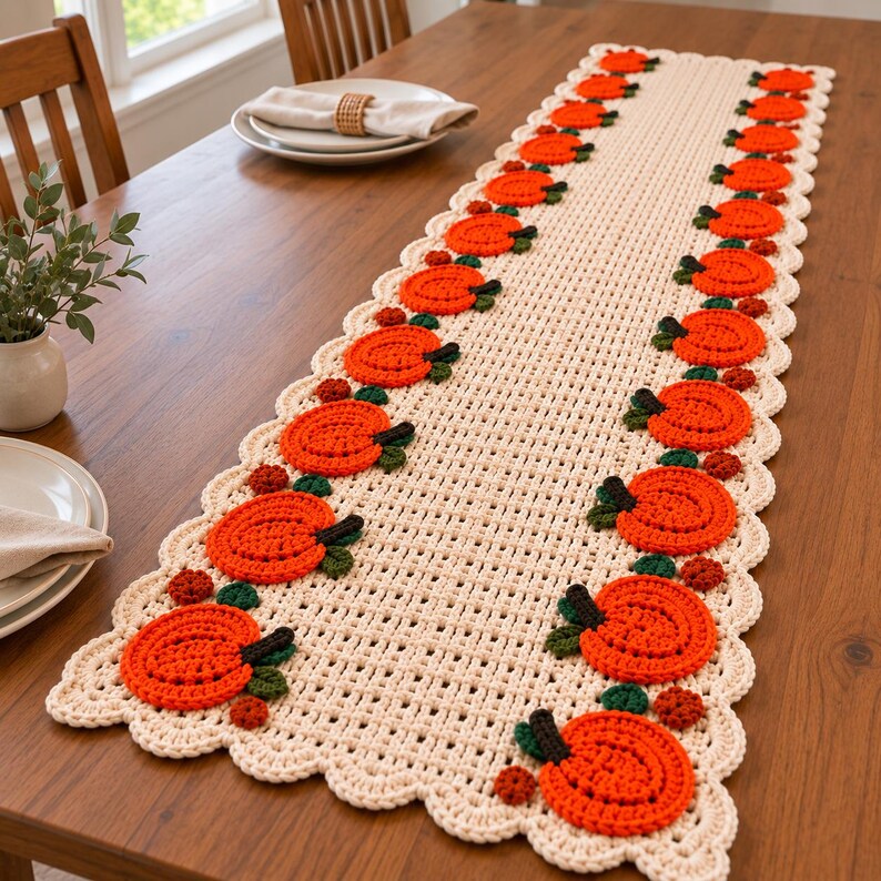 May include: A long, rectangular cream-coloured crochet table runner featuring a repeating pattern of bright orange pumpkins with dark green stems and leaves. The runner has a scalloped edge and a grid-like open weave texture throughout the centre.