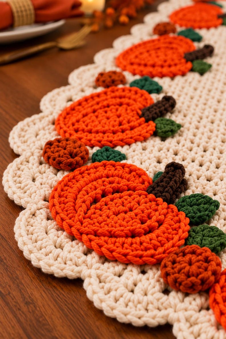 May include: A cream-coloured crocheted table runner featuring a scalloped edge and a repeating pattern of orange pumpkins with dark brown stems and small dark green leaves. The pumpkins are textured and stitched directly onto the base fabric.