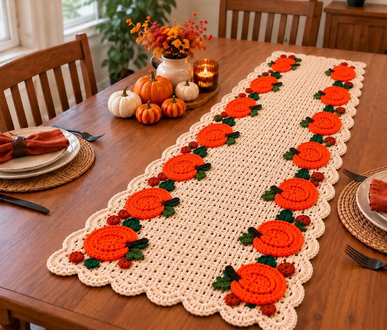 May include: A rectangular cream-coloured crochet table runner featuring a scalloped edge and a repeating pattern of bright orange pumpkins with dark green leaves and small dark red berries arranged along the length of the fabric piece.