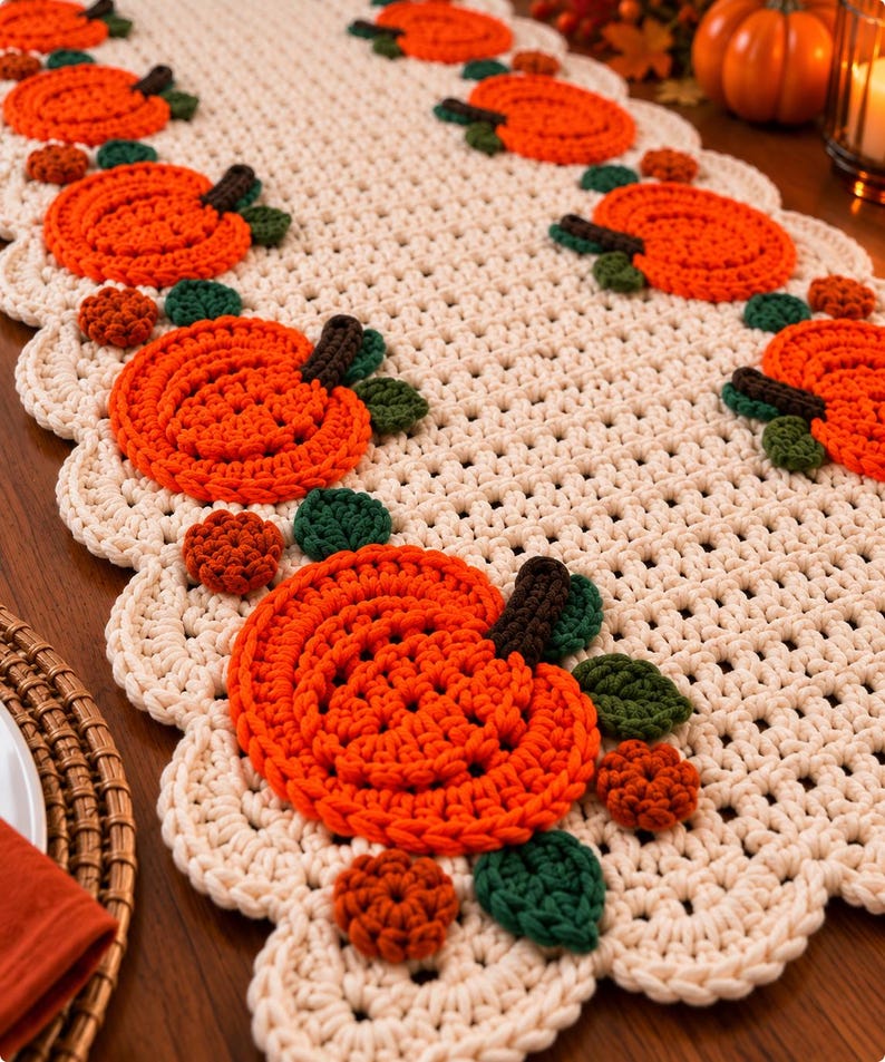 May include: A cream-coloured crocheted table runner featuring a scalloped edge and a repeating pattern of bright orange pumpkins with dark brown stems and dark green leaves, accented by small, round, textured orange and brown floral motifs.