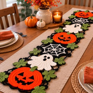 Halloween Crochet Table Runner Pattern PDF, Pumpkin Ghost Spiderweb Coasters (Digital Download)