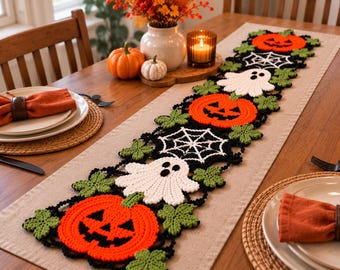 May include: A long, rectangular crochet table runner featuring a repeating pattern of orange jack-o'-lanterns, white ghosts, white spiderwebs on black backgrounds, and small green leaves, all connected by a black crocheted border.