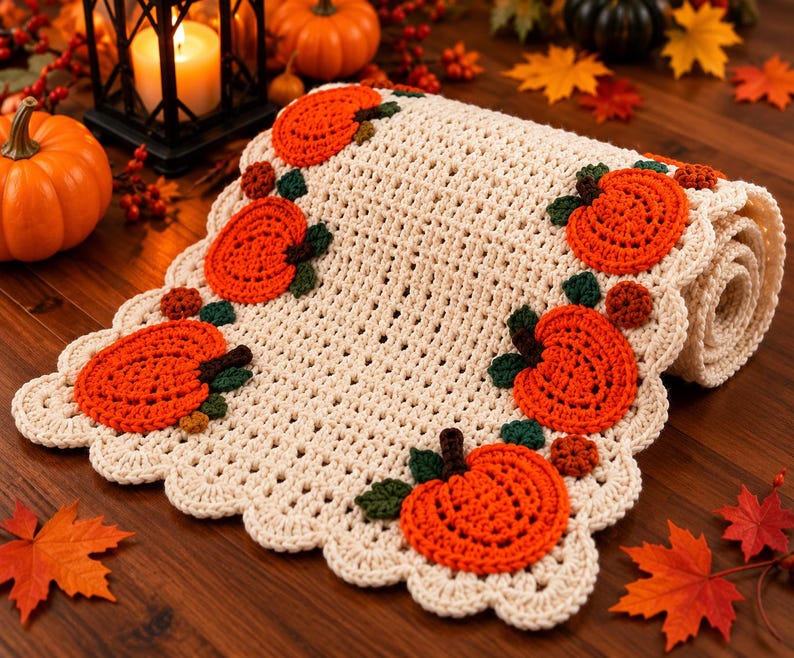 May include: A cream-coloured crocheted table runner featuring a scalloped edge and decorative appliqu&eacute;s of bright orange pumpkins with dark green stems and leaves. The runner is rolled at one end and displays a repeating pattern of pumpkins.