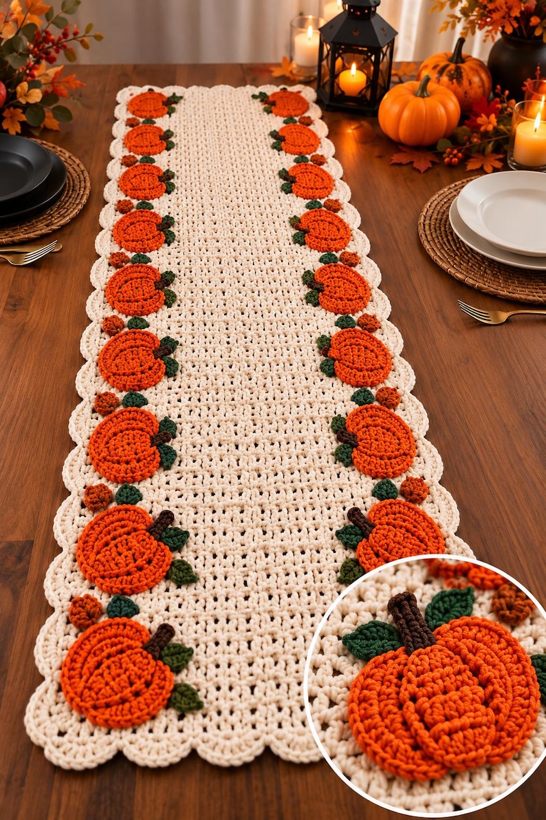 May include: A cream-coloured crocheted table runner featuring a repeating pattern of orange pumpkins with dark green leaves and brown stems along both scalloped edges. The runner has a textured, open-weave design with a circular inset detail.