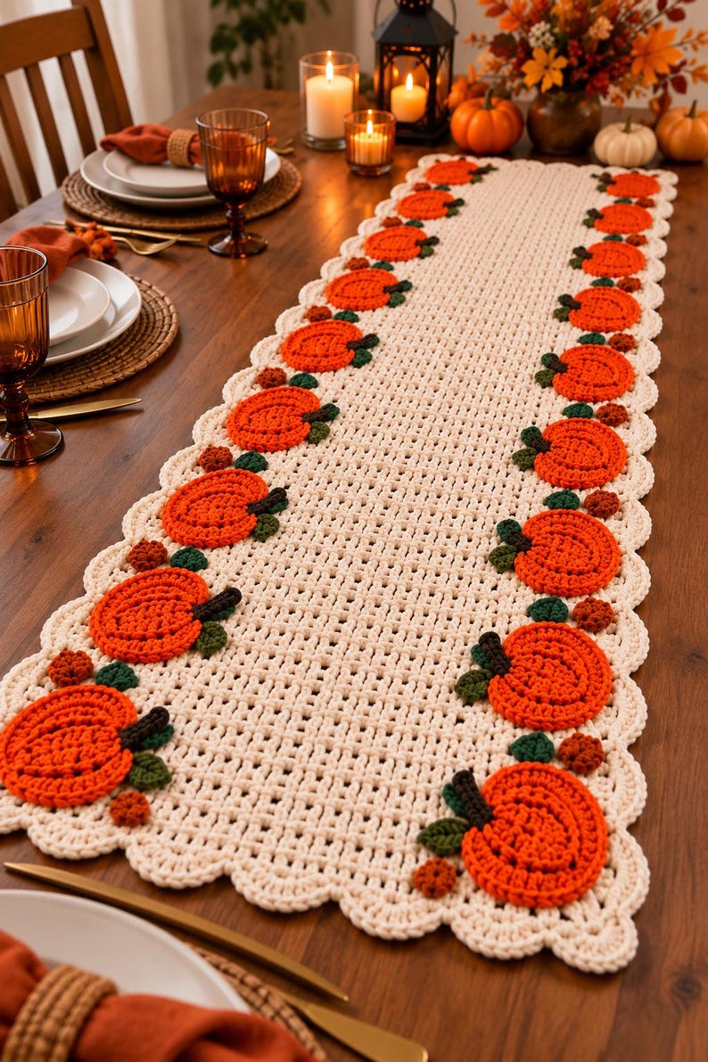 May include: A cream-coloured crocheted table runner featuring a repeating pattern of orange pumpkins with dark green leaves and small brown accents along the scalloped edges. The runner has an open-weave grid design and a decorative scalloped border.