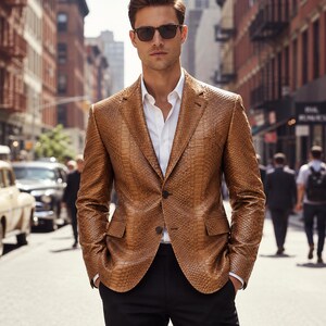 Handmade Python Leather Jacket Men | Tan Snake Print Luxury Blazer Coat