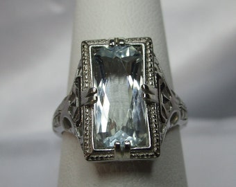 Emerald Cut Aquamarine Art Deco Ring in Sterling Silver  #3607