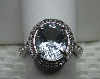 Oval Cut Aquamarine and Topaz Halo Ring in Sterling Silver - size 7                #3467