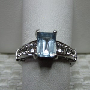 Emerald Cut Aquamarine and Topaz Ring in Sterling Silver  - size 7.25       #3469