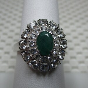 Oval Cut Colombian Emerald and White Topaz Double Halo Ring in Sterling Silver - size 7.25 #3169