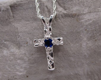 Round Cut Sapphire Cross Necklace in Sterling Silver  #3384