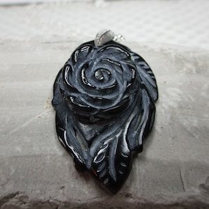 Floral Carved Black Jade Necklace in Sterling Silver  #3523
