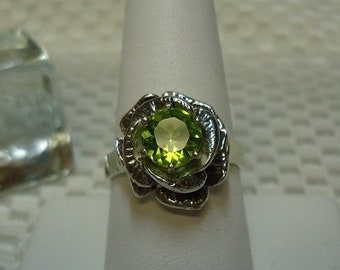 Round Cut Peridot Rose Form Ring in Sterling Silver   #1591