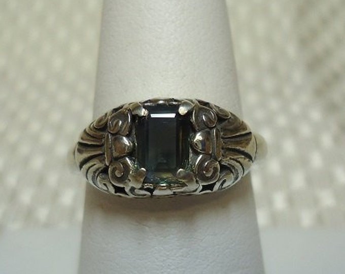 Emerald Cut Green Blue Sapphire Art Deco Style Ring in Sterling Silver ...