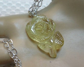 Rose Carved Lemon Quartz Necklace in Sterling Silver  #2102