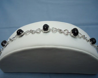 Bracelet En Argent Massif 925 Avec Cabochon D'Onyx Noir - Bijou Occasion Élégant