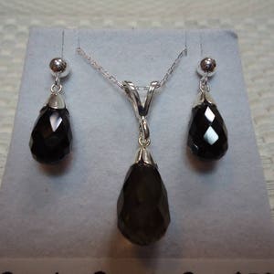 Briolette Smoky Quartz Earrings and Necklace Set in Sterling Silver  #2106