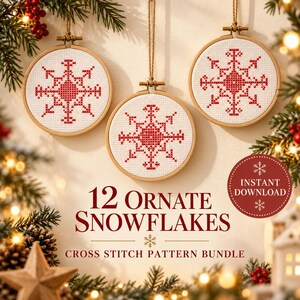 May include: Three circular wooden embroidery hoops containing white fabric with red cross-stitched snowflake patterns. The text reads 12 ORNATE SNOWFLAKES CROSS STITCH PATTERN BUNDLE and INSTANT DOWNLOAD. The hoops hang from twine against a light wall.