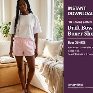 Bow Boxer Shorts Sewing Pattern PDF | Lounge Shorts with Curved Hem | XS-5XL | Elastic Waist | Draft by Points | Drift Bow