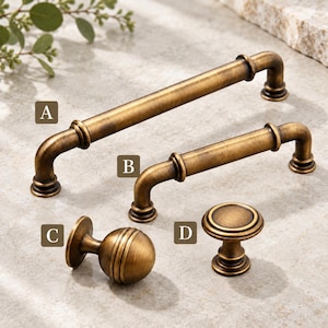 May include: A collection of four antique brass cabinet hardware pieces labeled A, B, C, and D. Items A and B are long bar pulls with rounded ends. Item C is a spherical knob with a circular base, and item D is a round knob with a tiered base.
