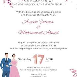 May include: A wedding invitation card featuring pink cherry blossom branches at the top and bottom corners. The text announces the Nikah of Ayesha Fatima and Muhammed Ahmed on Saturday, 17, 2026, at Royal Palace Banquet in Quetta, Pakistan.
