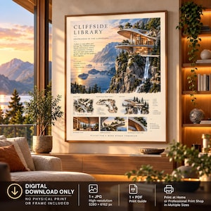 Może przedstawiać: Oprawiony plakat architektoniczny zatytułowany Cliffside Library przedstawiający wielopoziomowy budynek na klifie z wodospadem, rzuty pięter i widoki wnętrz. Tekst zawiera opisy projektu, natury oraz wizję lepszego jutra.