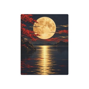 Japanese Moon Metal Wall Art, Moonlight Reflection on Calm Water, Vertical Zen Home Decor