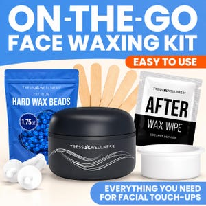 May include: A Tress Wellness face waxing kit featuring a black wax warmer, a blue bag of 1.75oz hard wax beads, wooden applicators, a white wax wipe packet, and two white plastic tools. The text reads ON-THE-GO FACE WAXING KIT and EASY TO USE.