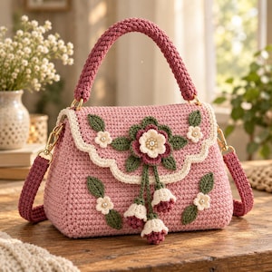 May include: A pink crochet handbag featuring a scalloped flap adorned with a central floral applique, green leaves, and three dangling flower charms. The bag includes a thick braided top handle, a detachable shoulder strap, and gold-tone hardware.