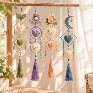 May include: Four vertical macrame wall hangings suspended from a wooden rod. Each piece features crocheted hearts, geometric frames, wooden beads, and tassels in green, purple, peach, and blue color palettes with floral and moon accents.