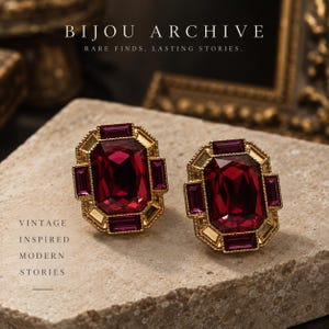 May include: A pair of gold-tone earrings featuring large, rectangular, deep red faceted stones surrounded by smaller, rectangular, dark pink stones. The text BIJOU ARCHIVE RARE FINDS. LASTING STORIES. VINTAGE INSPIRED MODERN STORIES is visible.
