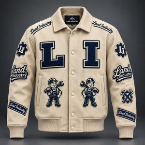 May include: A beige varsity jacket featuring dark navy blue patches. The front displays large letters L and I, two cartoon figures holding wrenches, and the text Land Industry. The sleeves are adorned with gear-shaped logos and brand text.