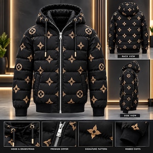 Könnte beinhalten: Eine schwarze Steppjacke mit einem sich wiederholenden beigen Blumen- und Kreismuster. Die Jacke verfügt über eine Kapuze mit Kordelzug, einen silbernen Reißverschluss und gerippte Bündchen. Das Design wird von vorne, hinten und der Seite gezeigt, mit Detailaufnahmen von Kapuze, Reißverschluss, Muster und Bündchen.