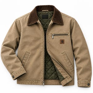 Op de afbeelding: Een beige canvas jas met een donkerbruine corduroy kraag, een volledige ritssluiting aan de voorzijde en een gewatteerde olijfgroene voering. De jas heeft twee steekzakken onderaan, een borstzak met rits en een vierkant logolabel op de borst.