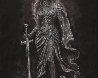 The Sword and the Flower — Giclée Art Print (12×16"), Dark Fantasy Charcoal Drawing, Warrior Woman Wall Art, Signed