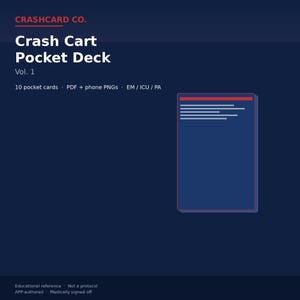 Peut inclure: Un jeu de cartes de poche Crash Cart Pocket Deck Vol. 1 de Crash Card Co. bleu foncé comprenant 10 cartes, PDF et PNG pour téléphone pour EM, ICU et PA. Le graphique présente un contour de carte rectangulaire avec des bordures rouges et du texte blanc.
