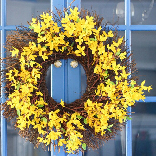 Rustic Yellow Forsythia on Grapevine Fan Wreath