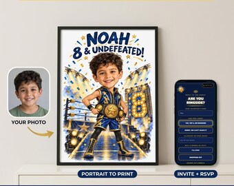 Custom Caricature Portrait From Photo, Wrestling Birthday Invitation & Print, Your Child as Champion, 6th 7th 8th 9th 10th Birthday, RSVP