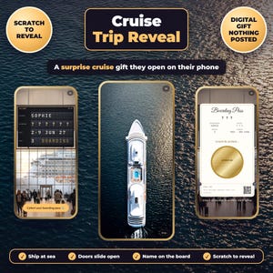 Op de afbeelding: Een digitaal cruise-cadeau met drie smartphoneschermen. De schermen tonen een vertrekbord met de naam Sophie, een luchtfoto van een cruiseschip op het water en een instapkaart met een gouden kraslaag om te onthullen.
