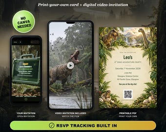 Invitación digital animada de cumpleaños con dinosaurios - Seguimiento de asistencia y PDF para imprimir en casa, descarga digital.