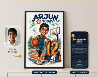 Custom Caricature Portrait From Photo, Basketball Birthday Invitation & Print, Sports Party, 9th 10th 11th 12th 13th 14th Birthday, RSVP