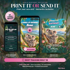 Koala Birthday Invitation, Koala Party Invite, Kids 1st 2nd 3rd 4th 5th Birthday, Animated Digital Invite, RSVP, Editable Printable